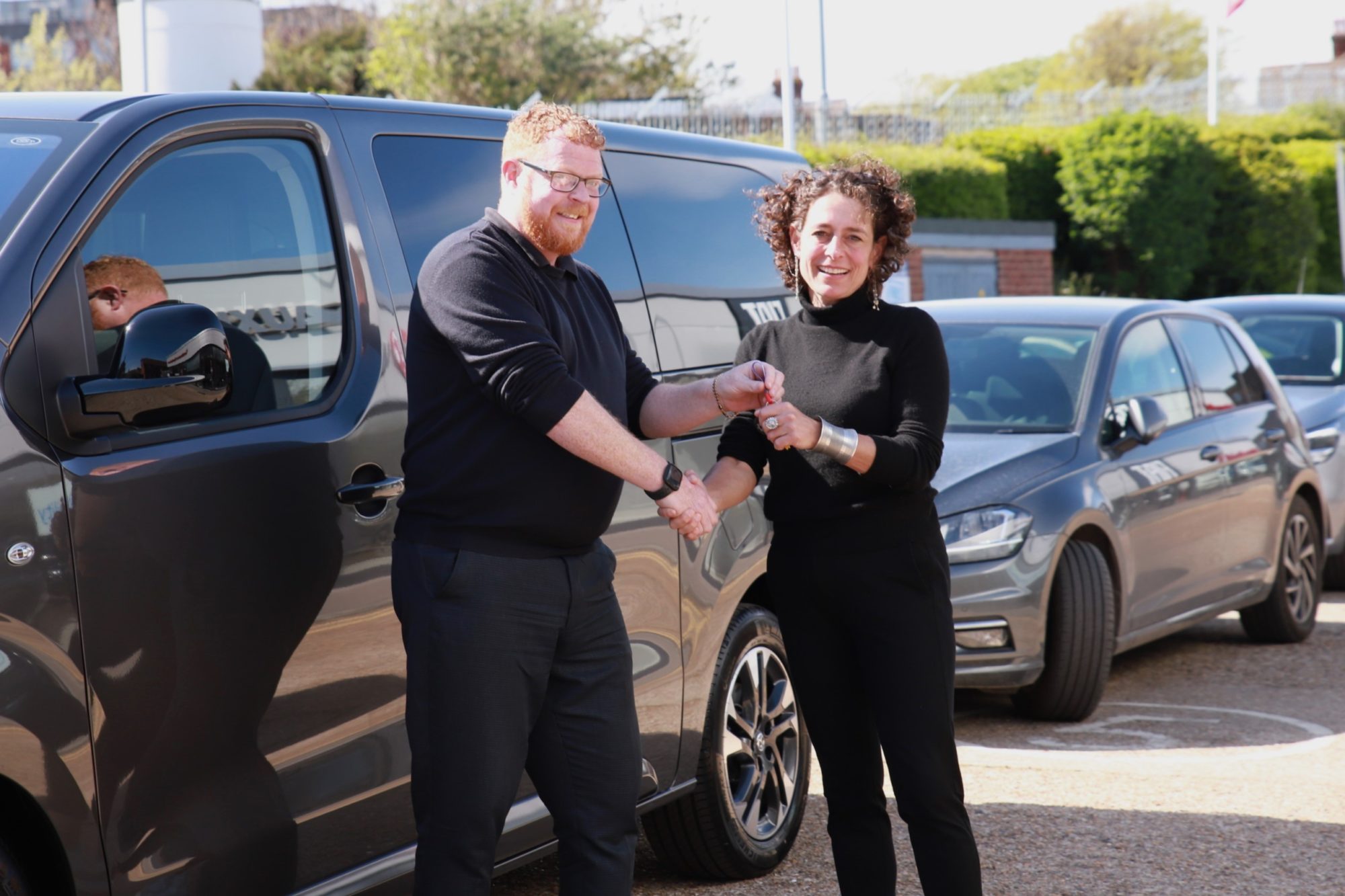 Alex Polizzi collecting her Vauxhall Vivaro-e Life from Salesman to the stars Phil Mulvey