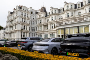 BYD Seal U DM-i, Seal and Sealion 7 vehicles in front of the Grand Hotel, Eastbourne