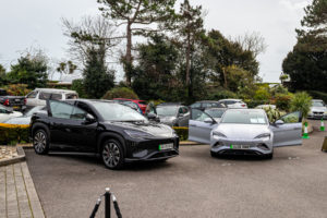 BYD Seal and Sealion 7 vehicles with doors open in the car park of the Grand Hotel, Eastbourne