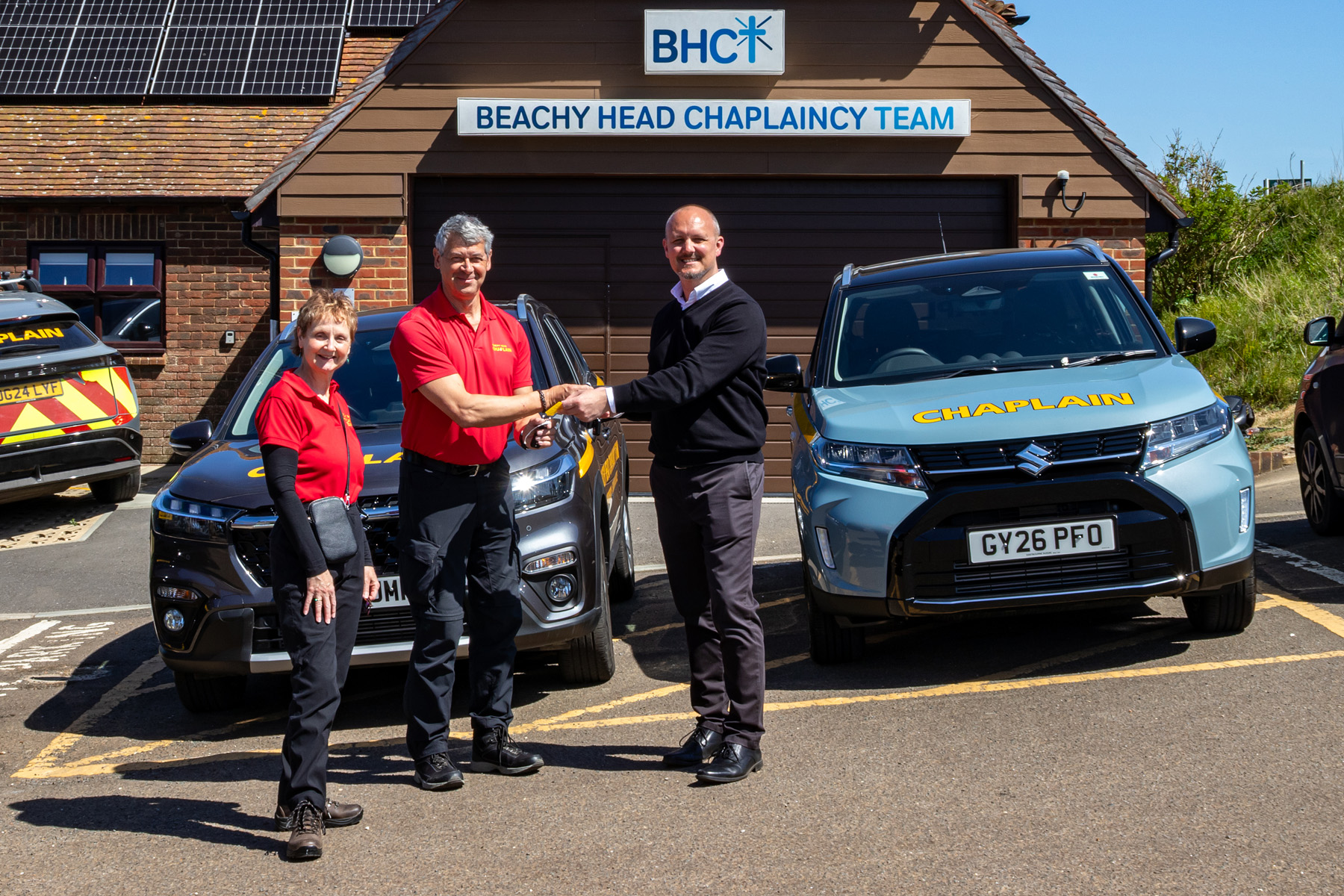 Dan, Sales Manager at Eastbourne Suzuki, handing over the keys to the new Suzuki Vitara Motion to the Beachy Head Chaplaincy Team.